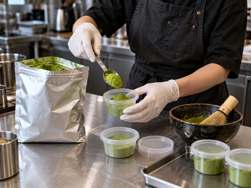 Foodservice worker portioning matcha from a sealed bulk pouch