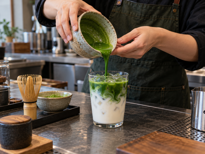 Barista preparing a matcha latte at a cafe service counter