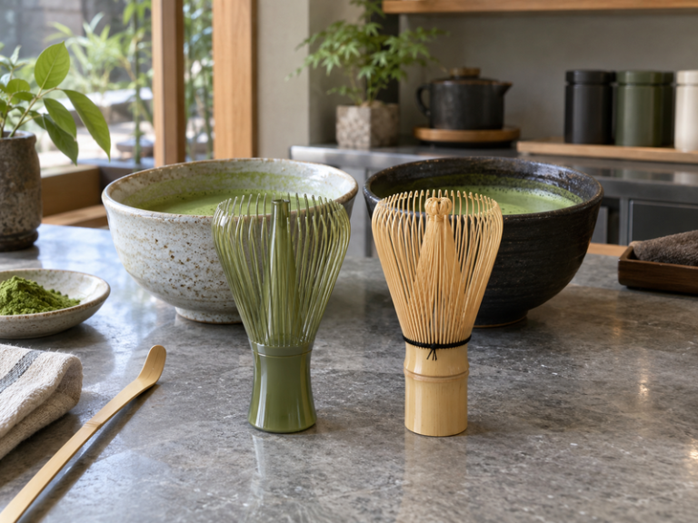 Resin and bamboo whisks beside matched matcha bowls