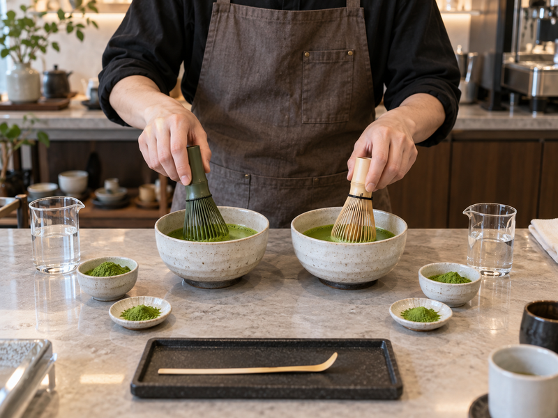 Barista testing resin and bamboo whisks in parallel bowls