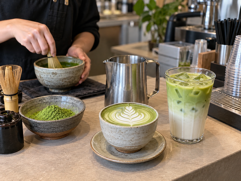 Hot and iced matcha lattes are compared at a café counter