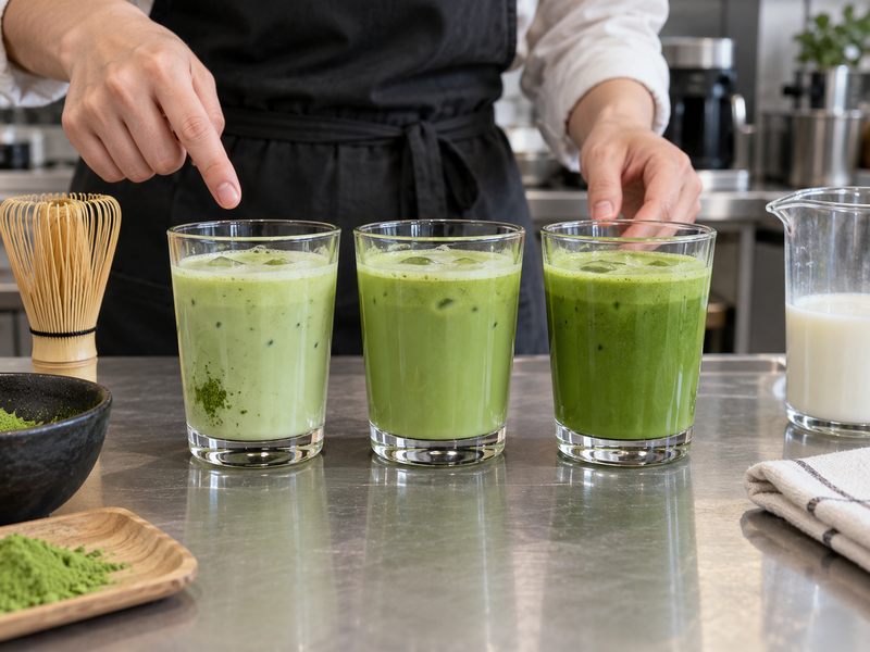 A concise matcha latte menu description sits beside served cups