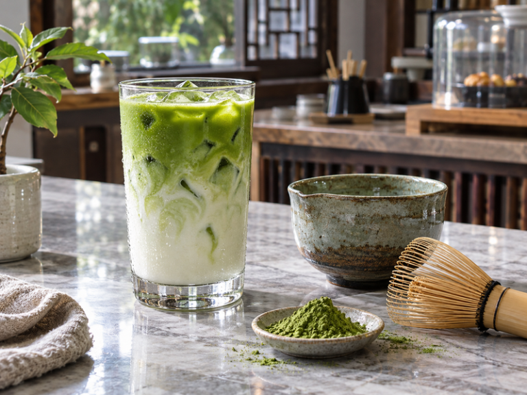 Iced matcha latte beside a bamboo chasen and prep bowl