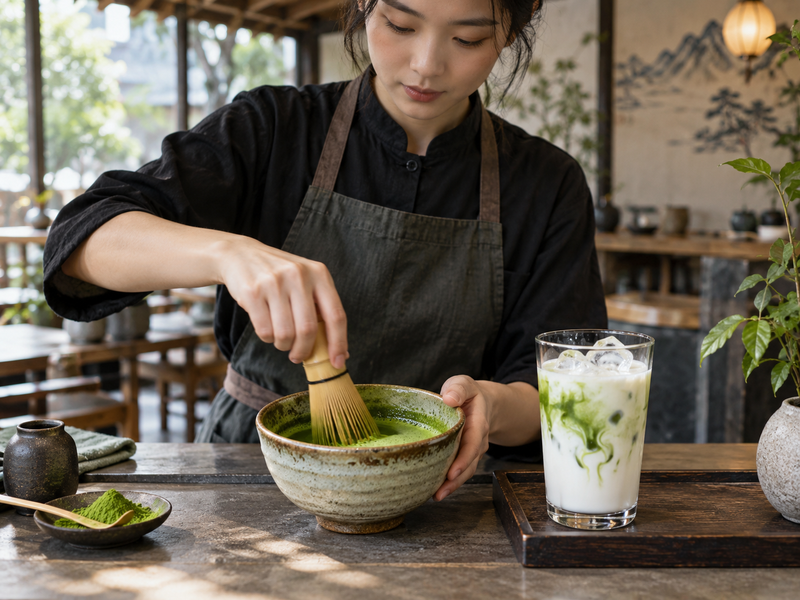 Barista cold whisking matcha beside iced latte ingredients