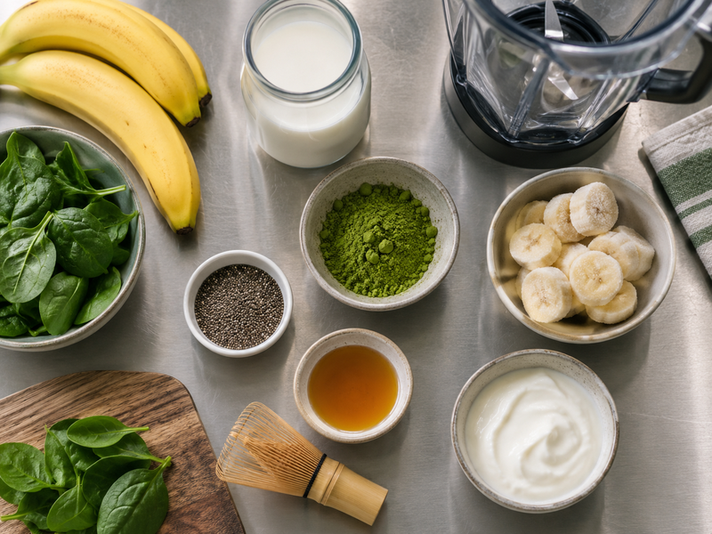 A finished matcha breakfast smoothie is checked against a fill line