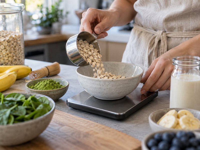 Oats are weighed for a repeatable matcha smoothie base
