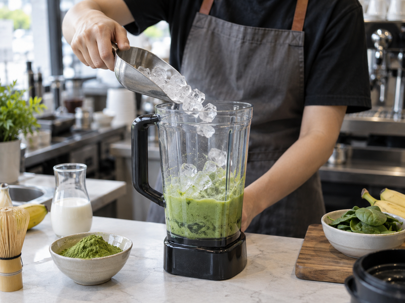 A measured ice portion is added to a café matcha smoothie trial