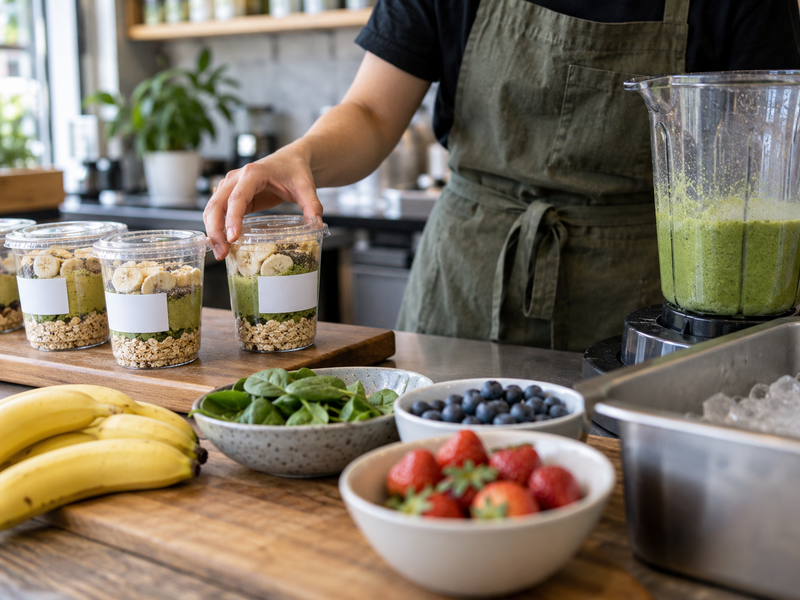 Labeled dry smoothie portions and chilled fruit are staged for service