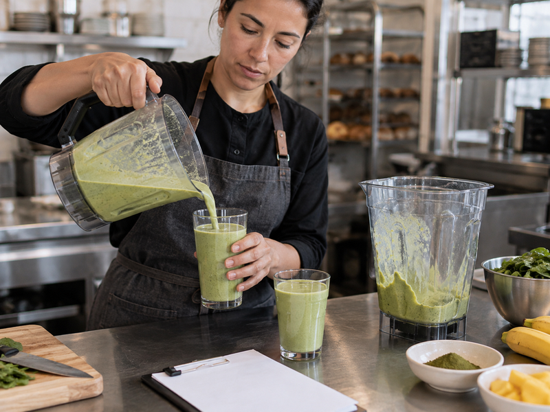 A manager measures smoothie yield and leftover blend for costing