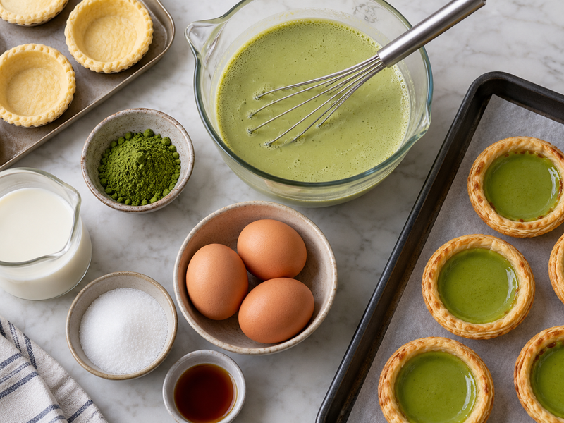 Sliced matcha egg tart showing smooth green custard and a crisp pastry shell