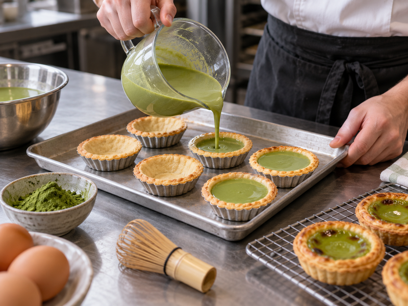 Small bowl of smooth matcha slurry being folded into strained egg custard in a bakery