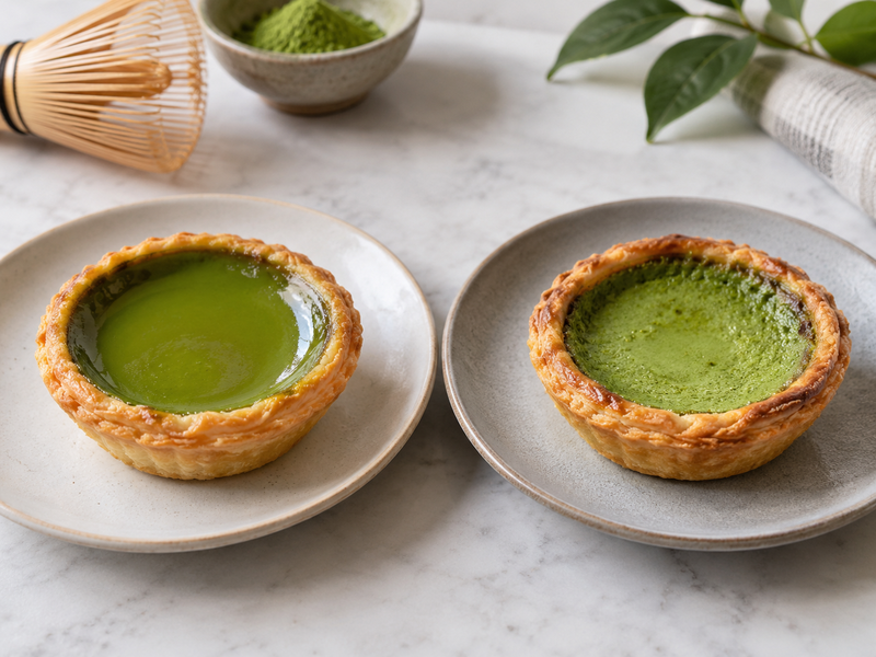 Unbranded egg tart shells filled to a consistent line with green matcha custard