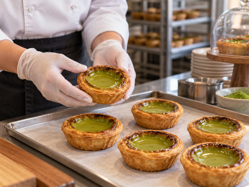 Matcha egg tarts in a plain bakery display with one tart cut to show shell and custard