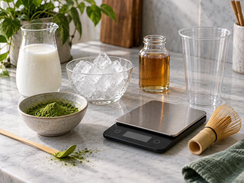 Measured matcha frappe ingredients arranged on a café counter