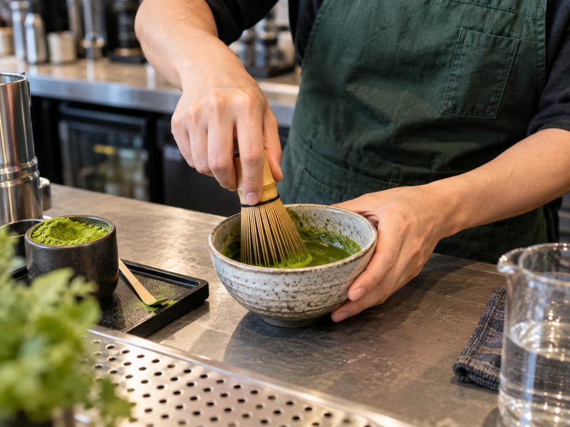 Barista whisking a small matcha concentrate before blending