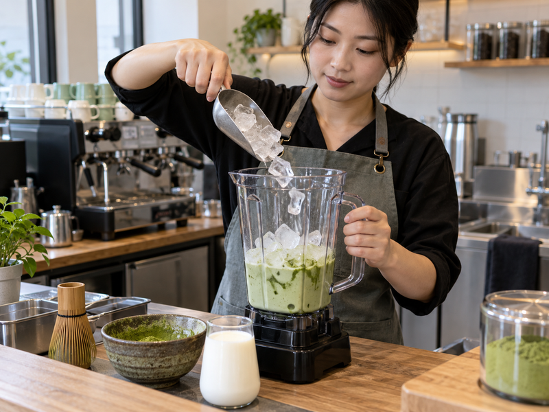 Ice and matcha base being loaded into a café blender jar