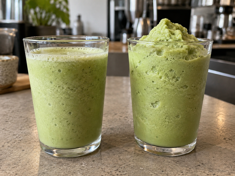 Two blended matcha frappe textures compared side by side