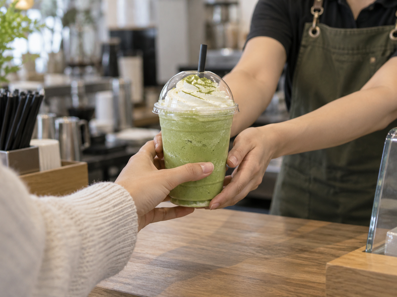 Finished matcha frappe served across a café counter