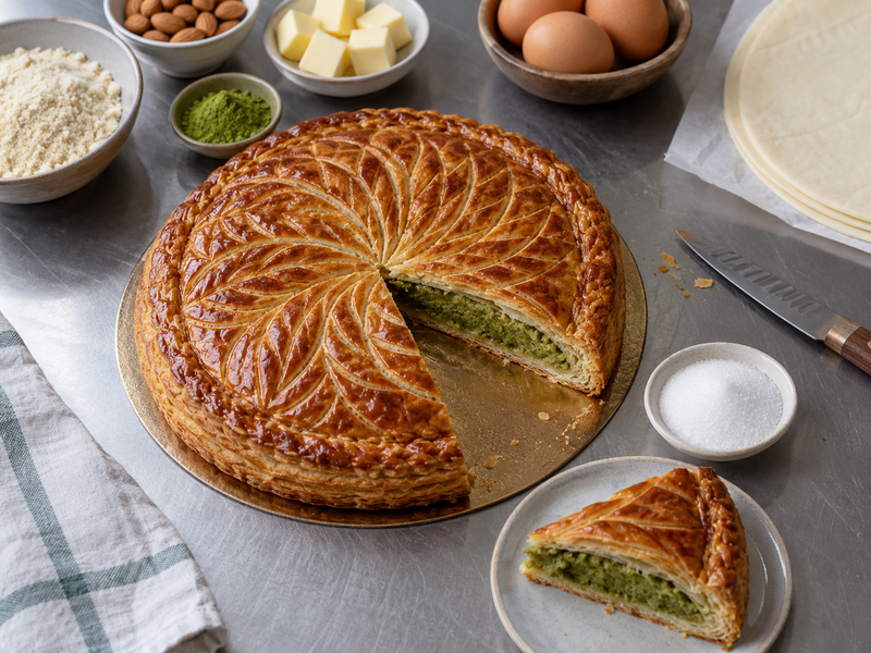 Whole matcha galette des rois and clean slice for a January bakery display