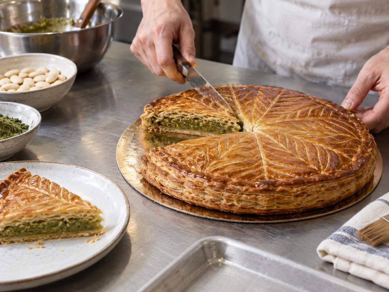 Measured puff pastry discs and matcha almond filling ready for assembly