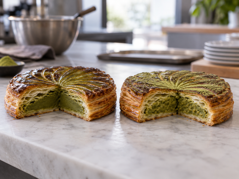 Baker sealing a clean rim around a matcha frangipane galette