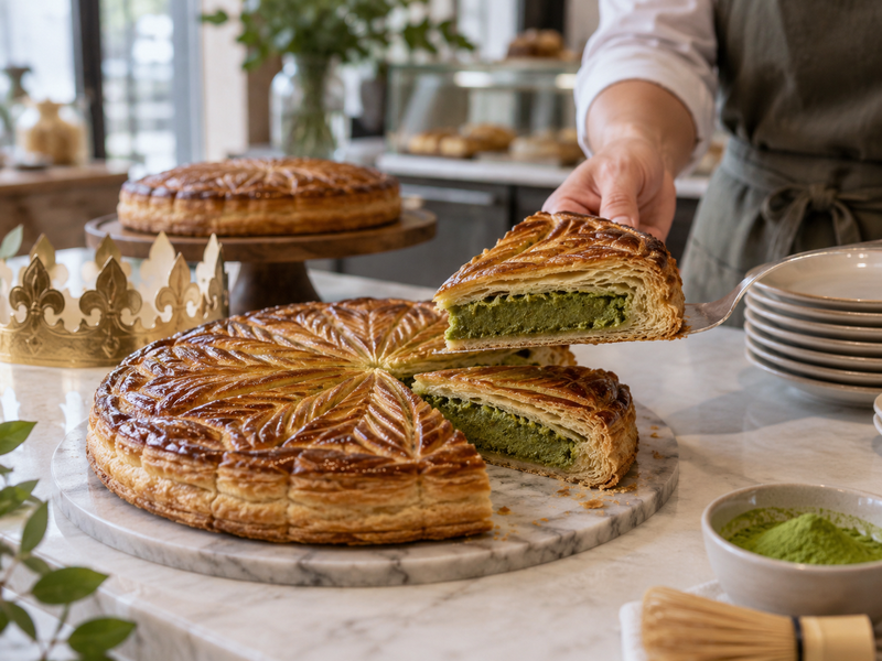 Baked matcha galette being checked for top color, base and cut filling