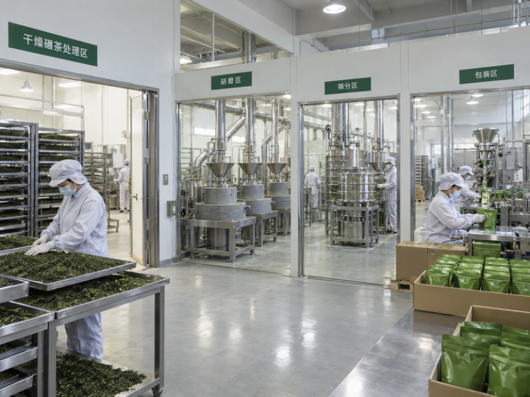 Matcha manufacturing equipment in a hygienic tea processing room