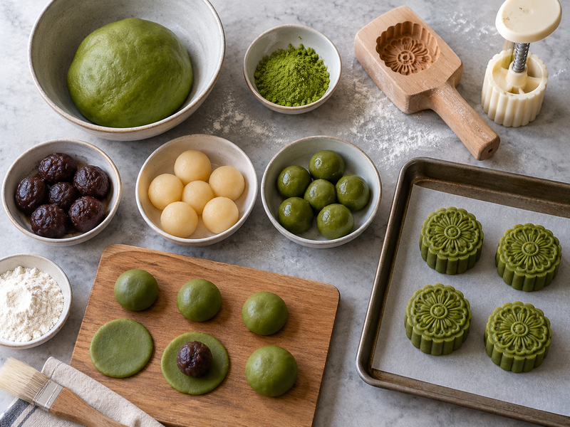 Gift-ready matcha mooncakes with detailed molded surfaces and one cut piece showing wrapper and filling