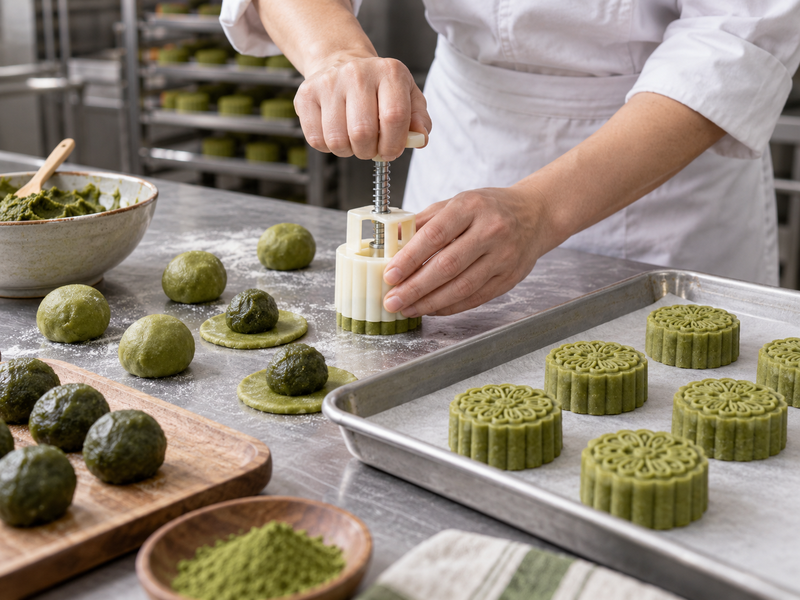 Baker weighing sifted matcha into mooncake wrapper dough beside molded test pieces