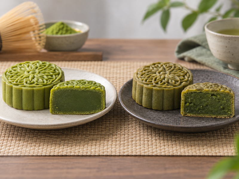 Close view of matcha mooncake dough being pressed in molds with weighed filling portions nearby