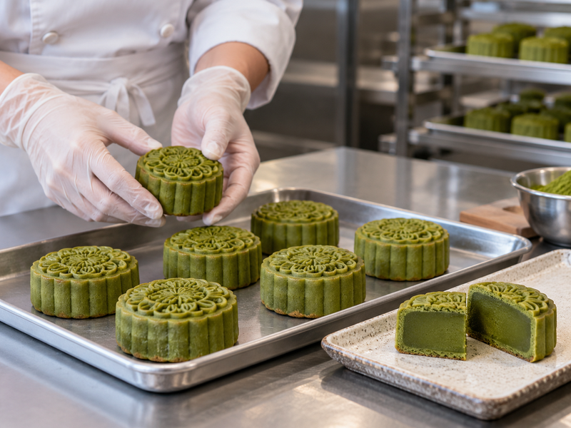 Matcha mooncake gift box with fitted inserts protecting individual patterned pieces
