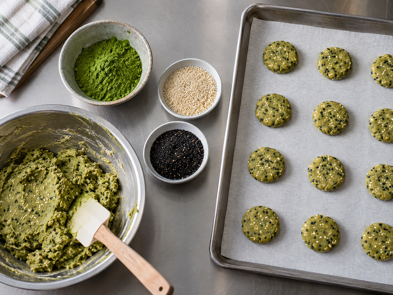A bakery compares matcha sesame cookie samples against a portion standard
