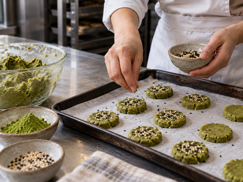 Sesame is tested inside and on top of identical matcha cookie dough portions
