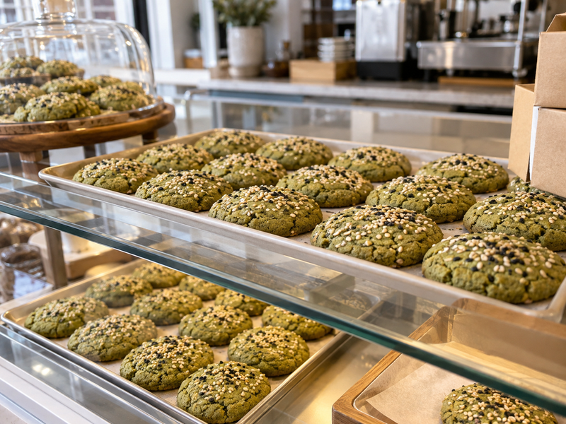 Matcha sesame cookies cool on racks before a saleable-yield count
