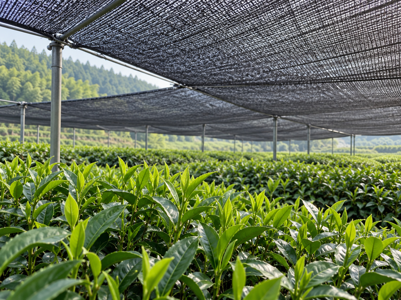 Tender tea shoots growing beneath a black shade canopy