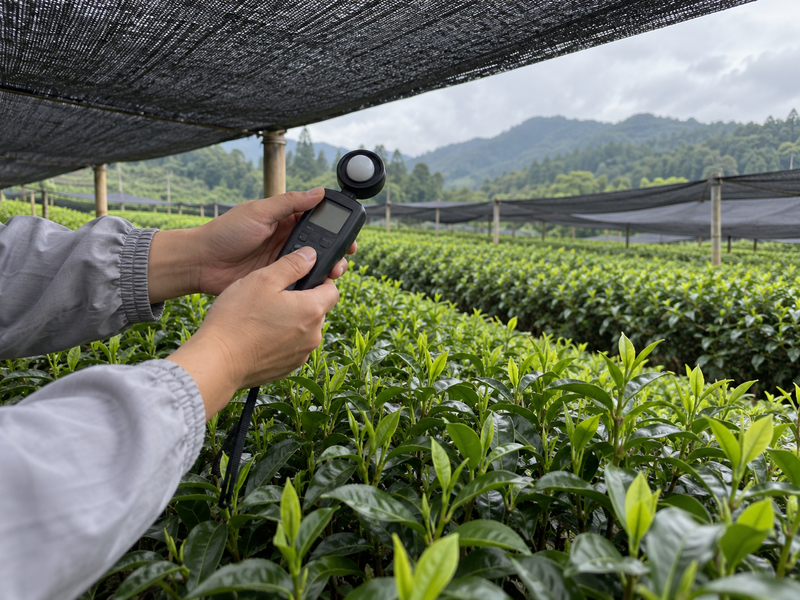 Hands using a light meter below mesh above tender tea shoots