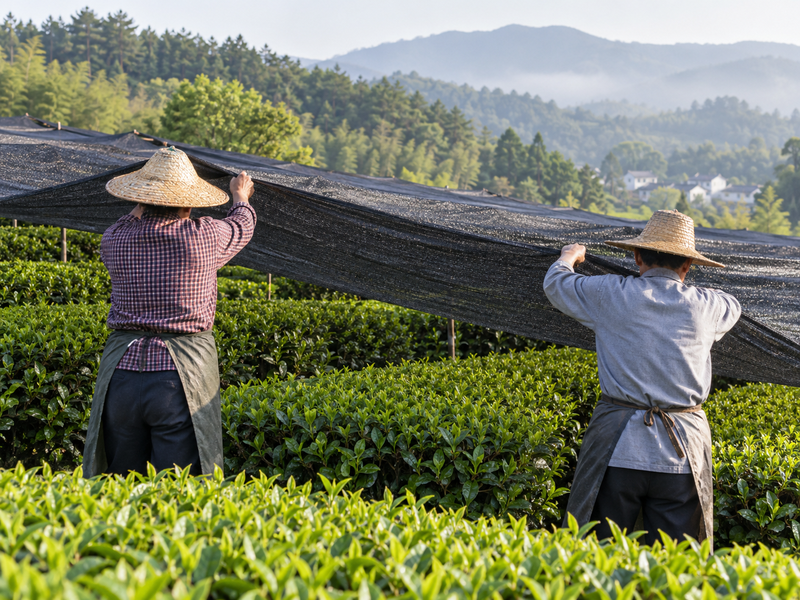 Adult Chinese tea growers lifting shade mesh before harvest
