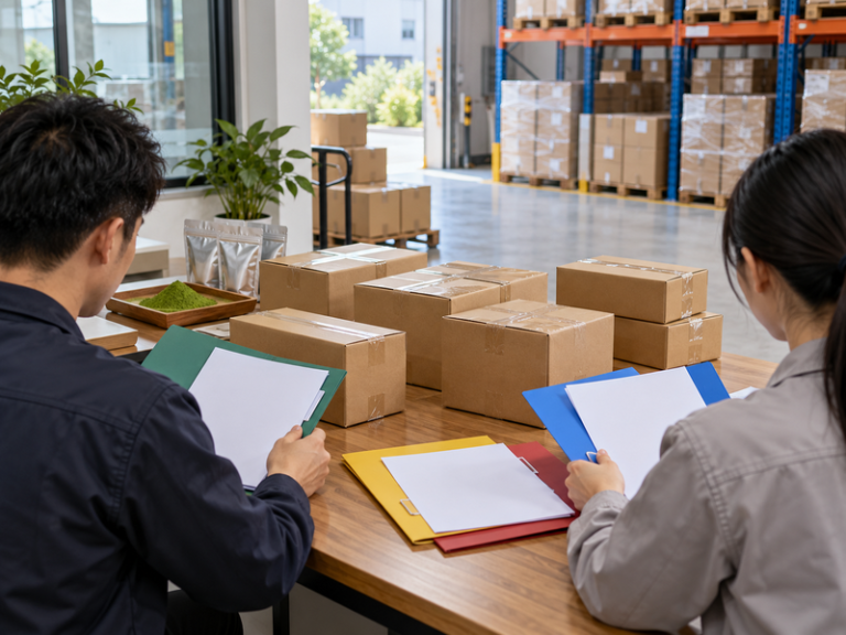 Chinese supplier staff allocating sealed matcha cartons against order folders