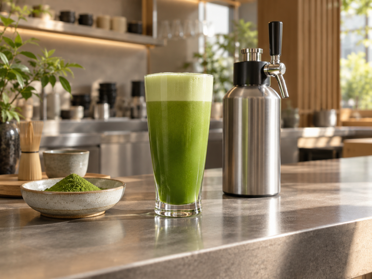 Independent featured image of nitro matcha and a clean dispensing canister in a Chinese café