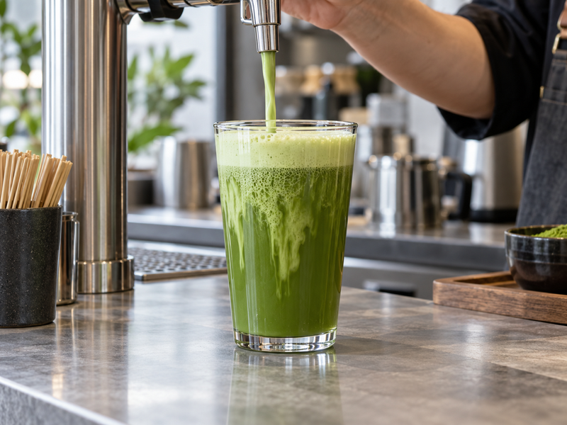 Nitro matcha served at a commercial café counter