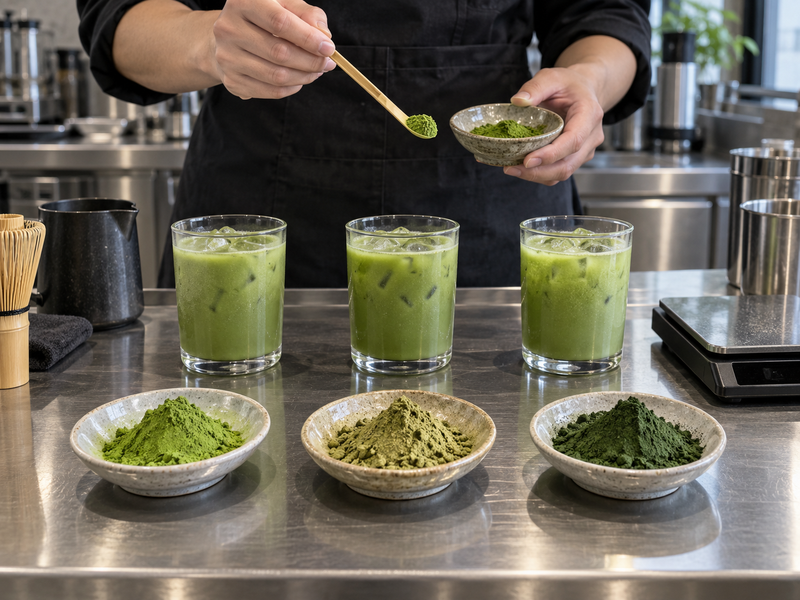 Matcha powder samples and chilled beverage bases in a Chinese café test kitchen