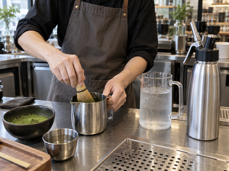 Barista dispersing matcha into a small measured water portion before nitro service