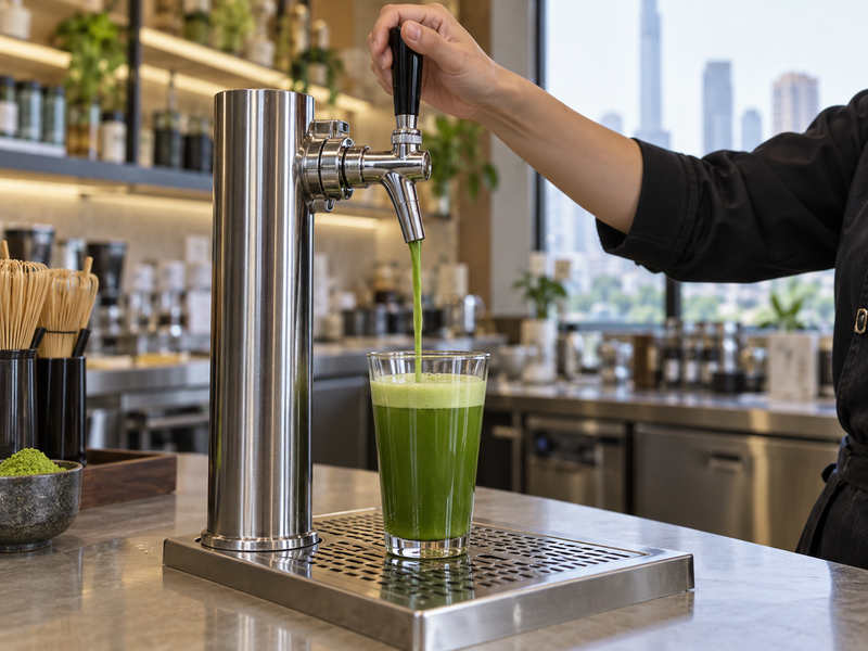 Fresh nitro matcha pour cascading into a clear glass at a commercial counter