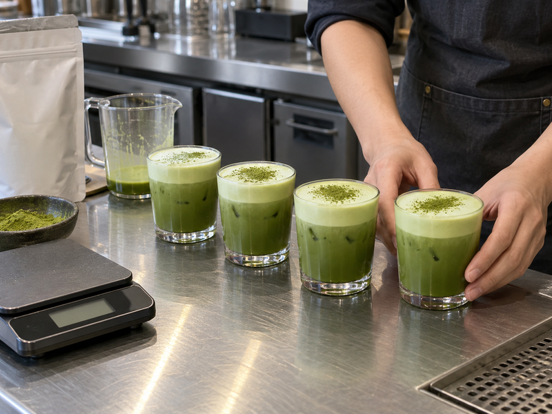 Café team checking nitro matcha serving yield and ingredient usage