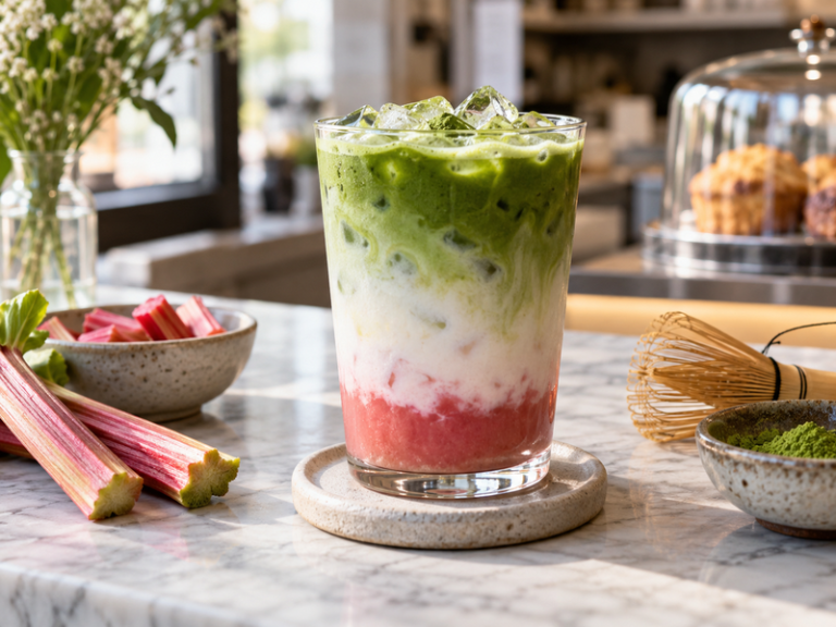 Rhubarb matcha latte featured image