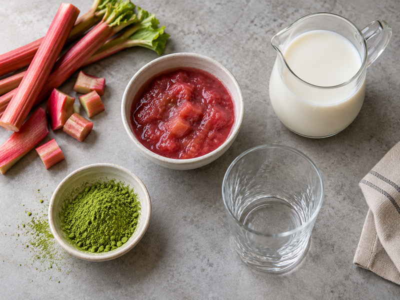 Iced rhubarb matcha latte with a measured red coulis base and green matcha layer