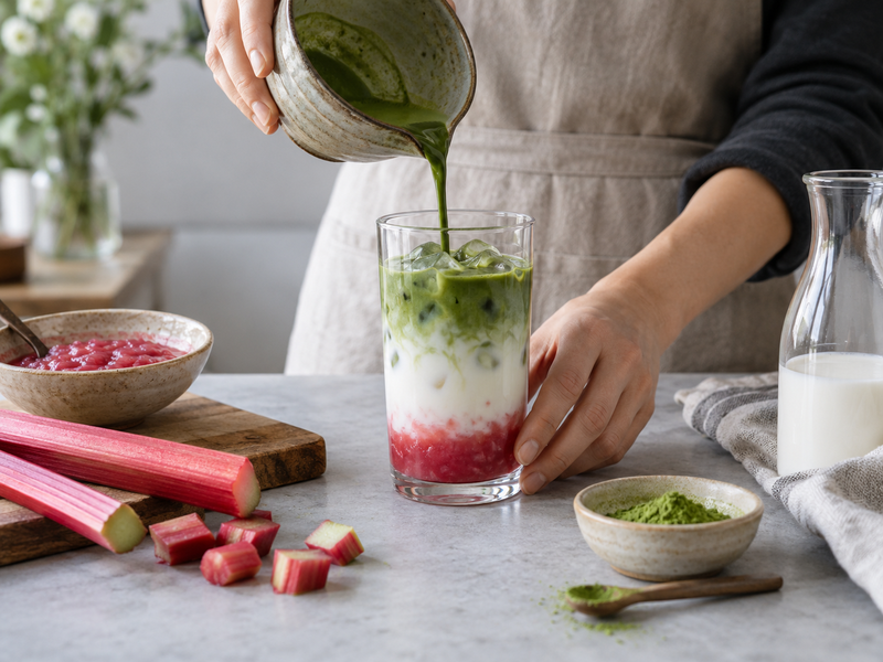 Weighed rhubarb stalks, two coulis textures and labeled café trial jars