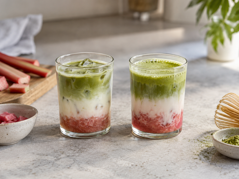 Side-by-side rhubarb and milk contact trials labeled at zero and five minutes