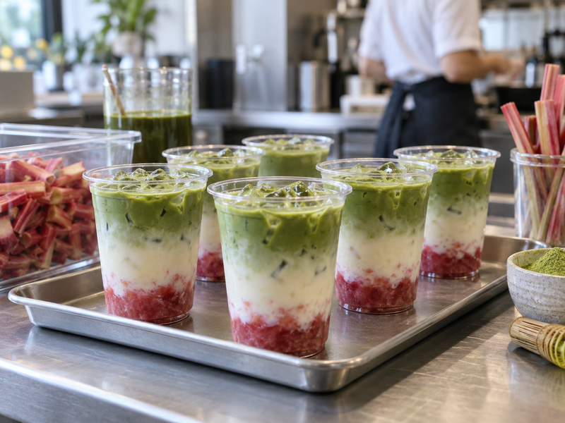 Barista adding whisked matcha over rhubarb coulis, ice and milk in a café cup