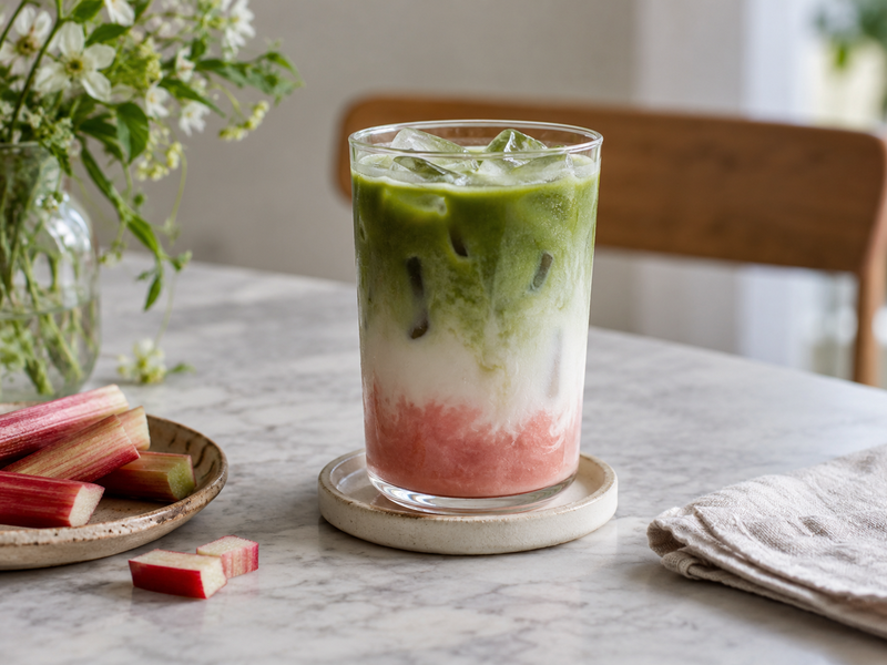 Costed rhubarb matcha latte ingredients and finished cup in a café trial setup